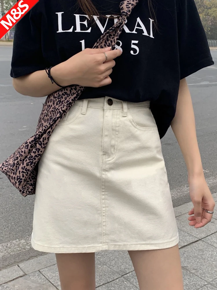 

White a-word skirt women's summer new high-waisted and thin retro tooling beige small black denim skirt
