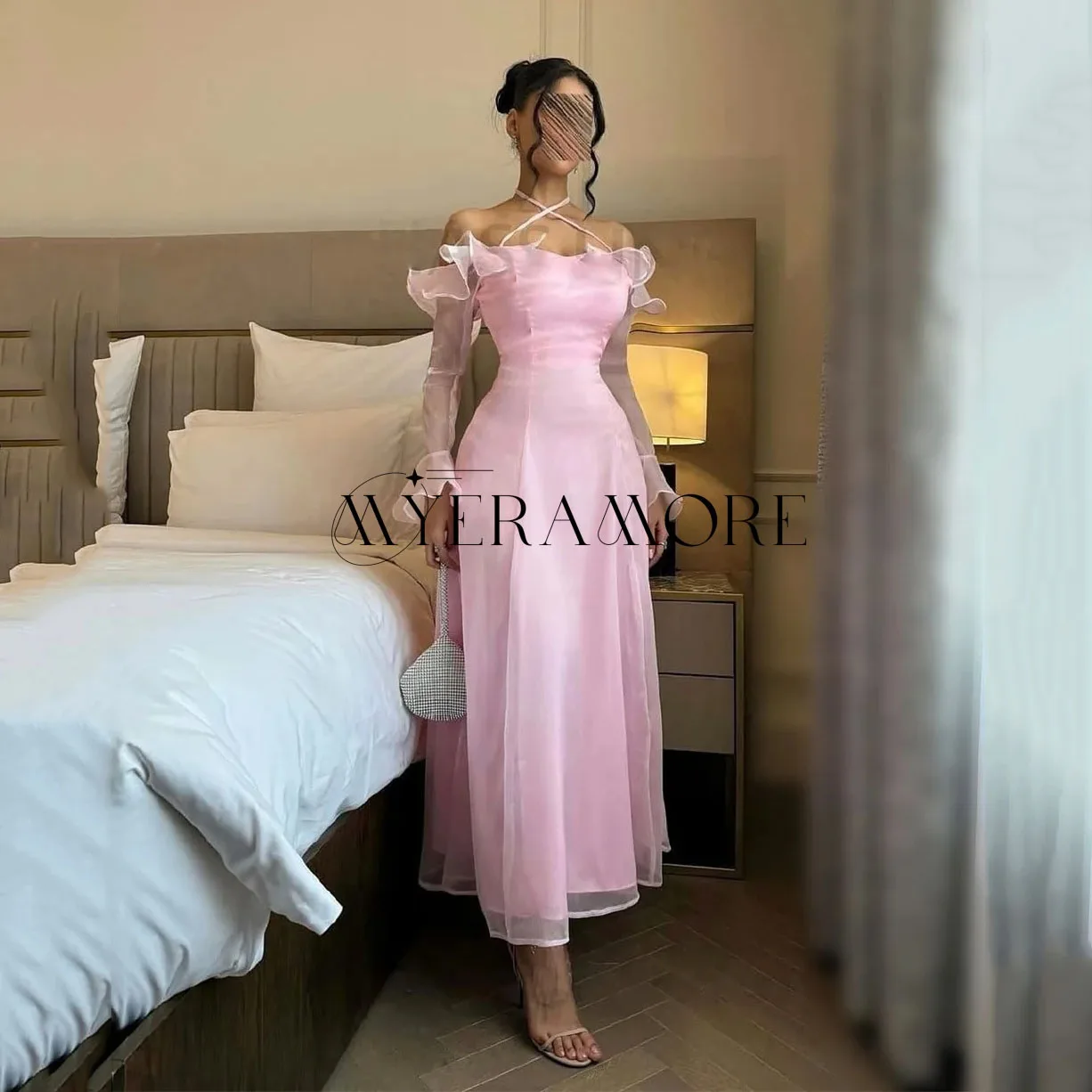 فساتين سهرة وردية عصرية مكشوفة الكتف وأكمام طويلة بطول الكاحل فساتين حفلات مخصصة رداء السهرة