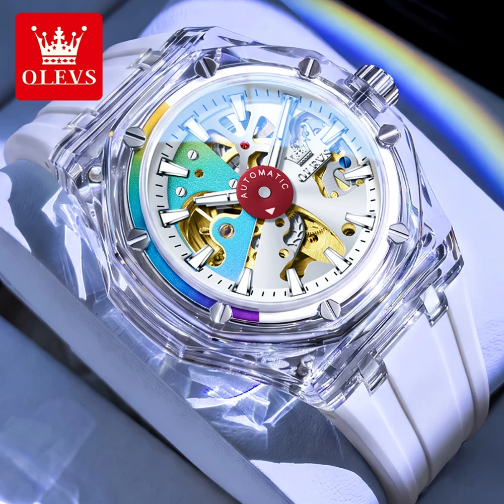 OLEVS Men's Watch Transparent Case Full Hollow Automatic Mechanical Watches for Man Luxury Original Silione Strap Man Watch 6788