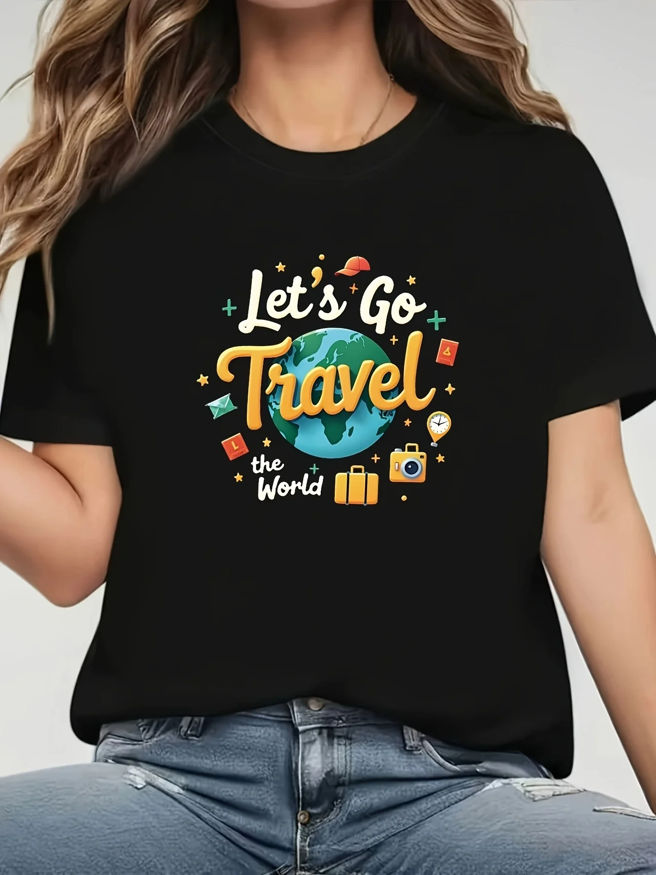 Women World Travel Let S Go Suitcase Globe Print Round Neck Short Sleeve Top Soft Stretch Fit Casual Layering Tee