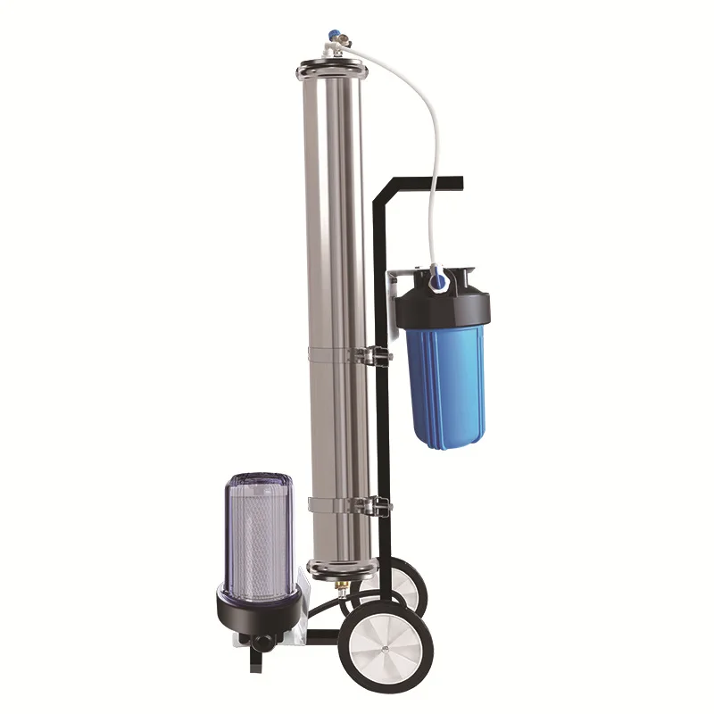Cart type portable cleaning filter system, high volume water processor, solar panel glass cleaner