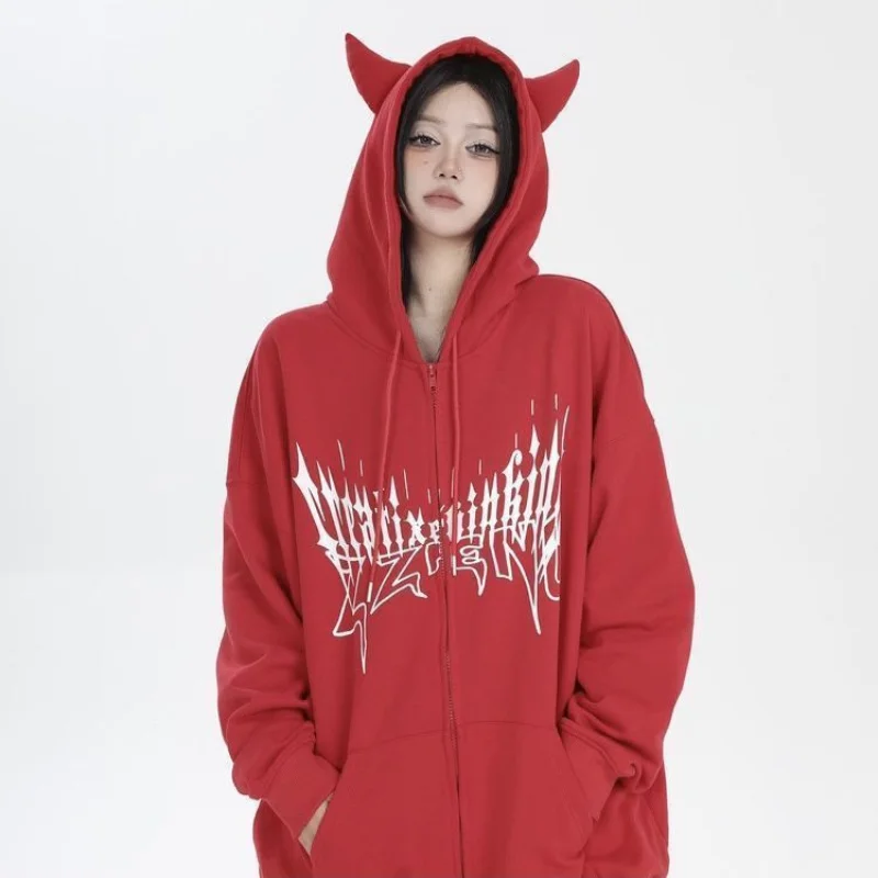 Hoodies Women High Street Chic Zipper Trendy Dark Academia Unique Korean Fashion Printed Casual All-match Hooded Popular Ins