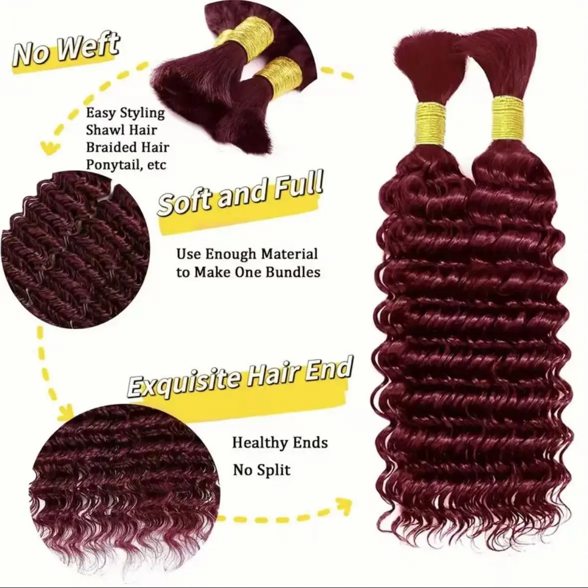 Burgundy 16Inch Deep Wave Human Braiding Hair Curly Human Hair Braiding Hair 100 Percent Human Braiding Hair for Boho Braids