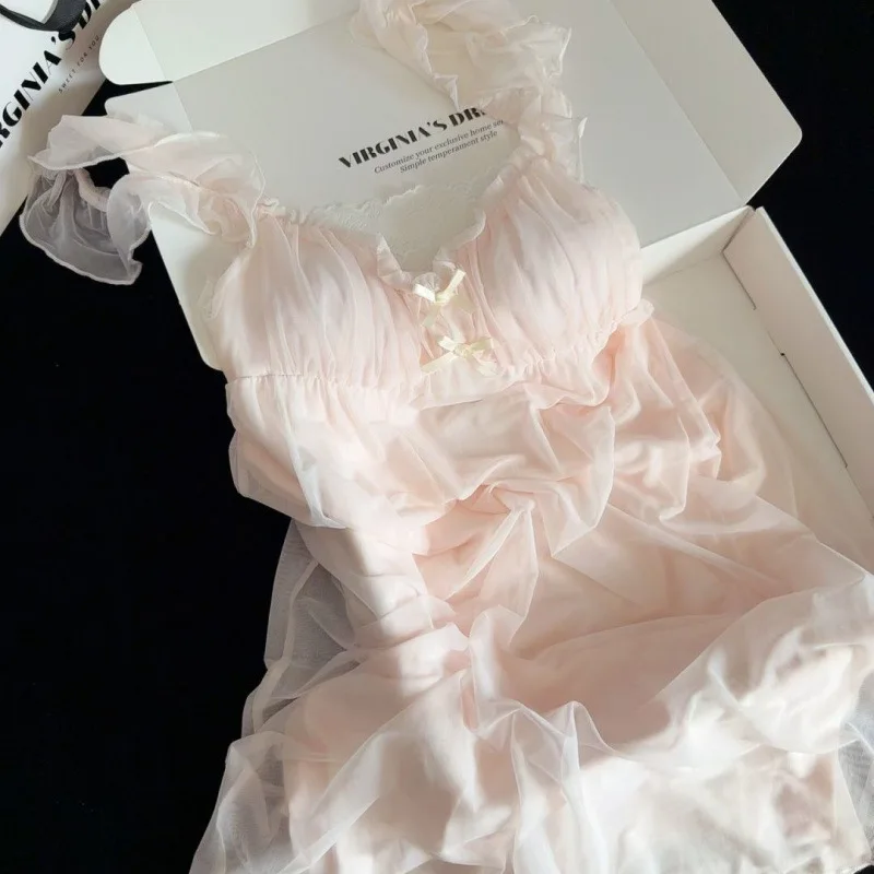 Light Colored Padded Nightgown Sweet Bow Pleated Mesh Women's Home Wear Soft Comfortable Suspender Skirt 2025 New Nightgown