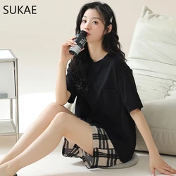 SUKAE Summer Women Shorts Cotton Nightwear Short Sleeves Pullover Leisure Lady Sleepwear Casual Pijamas Set Chic Woman Pajamas