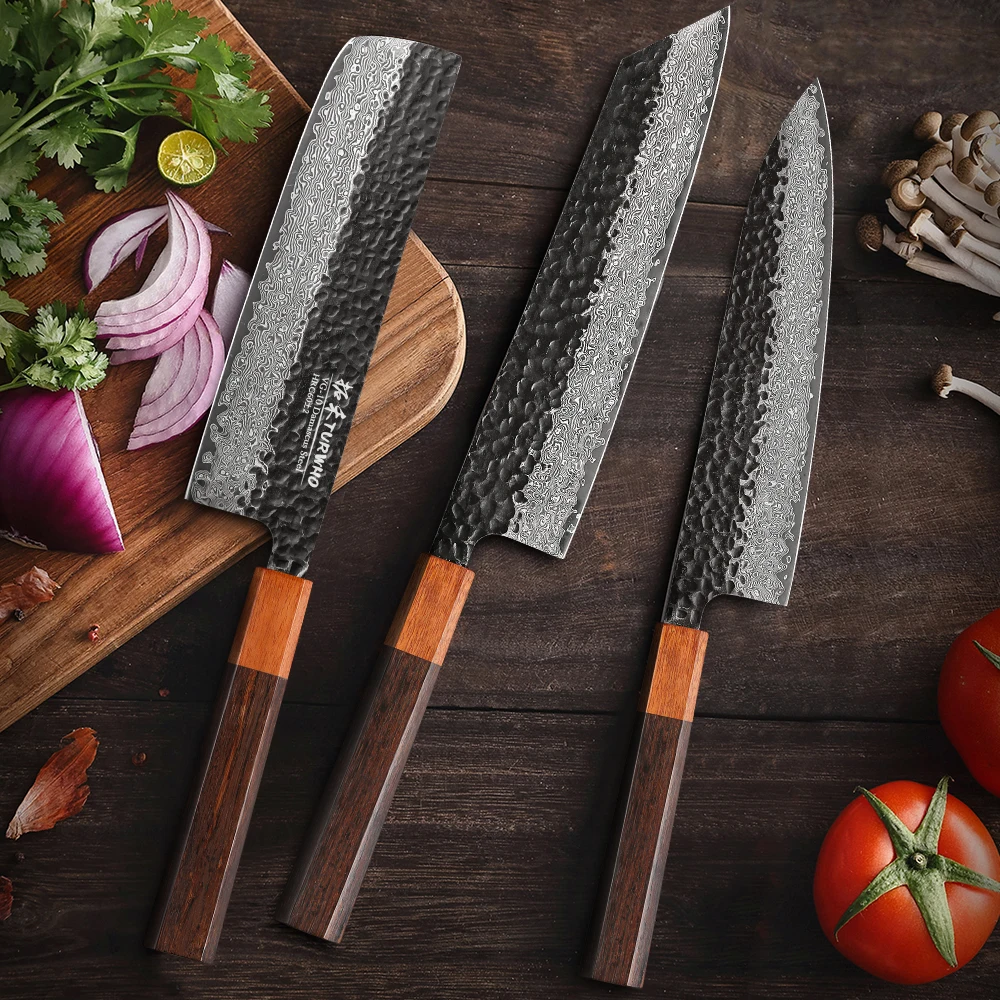 TURWHO 3 Pieces Kitchen Knives Set Hand Forged Damascus Steel VG10 Chef Knives Meat And Vegetable Cooking Tools Rosewood Handles