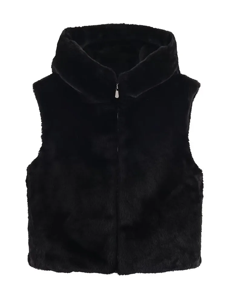 HH femmes hiver nouvelle mode à capuche fausse fourrure effet gilet tempérament féminin décontracté polyvalent chaud fermeture éclair haut sans manches