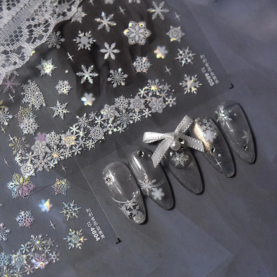 Shiny Colorful Snowflake Nail Sticker 5D Shell Light Glitter Pattern Nails Sticker Self-Adhesive Winter Nail Art Accessories DIY