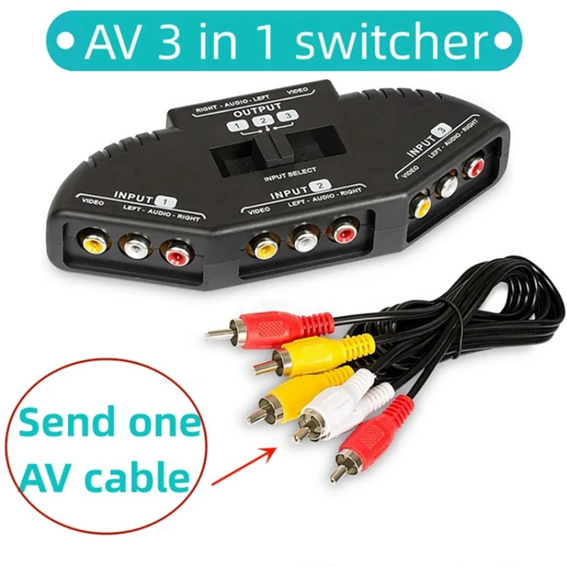 3-Way Audio Video AV Switch Selector Box Splitter Switch W/ Cable For TV X-Box DVD Player Devices Switch