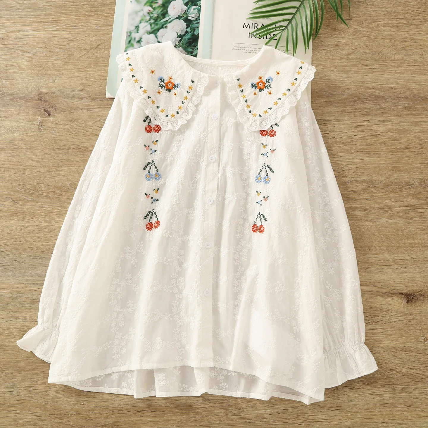 

Autumn clothes mori girl brand luxury original peter pan collar flower embroider shirts 100% cotton long sleeve blouses