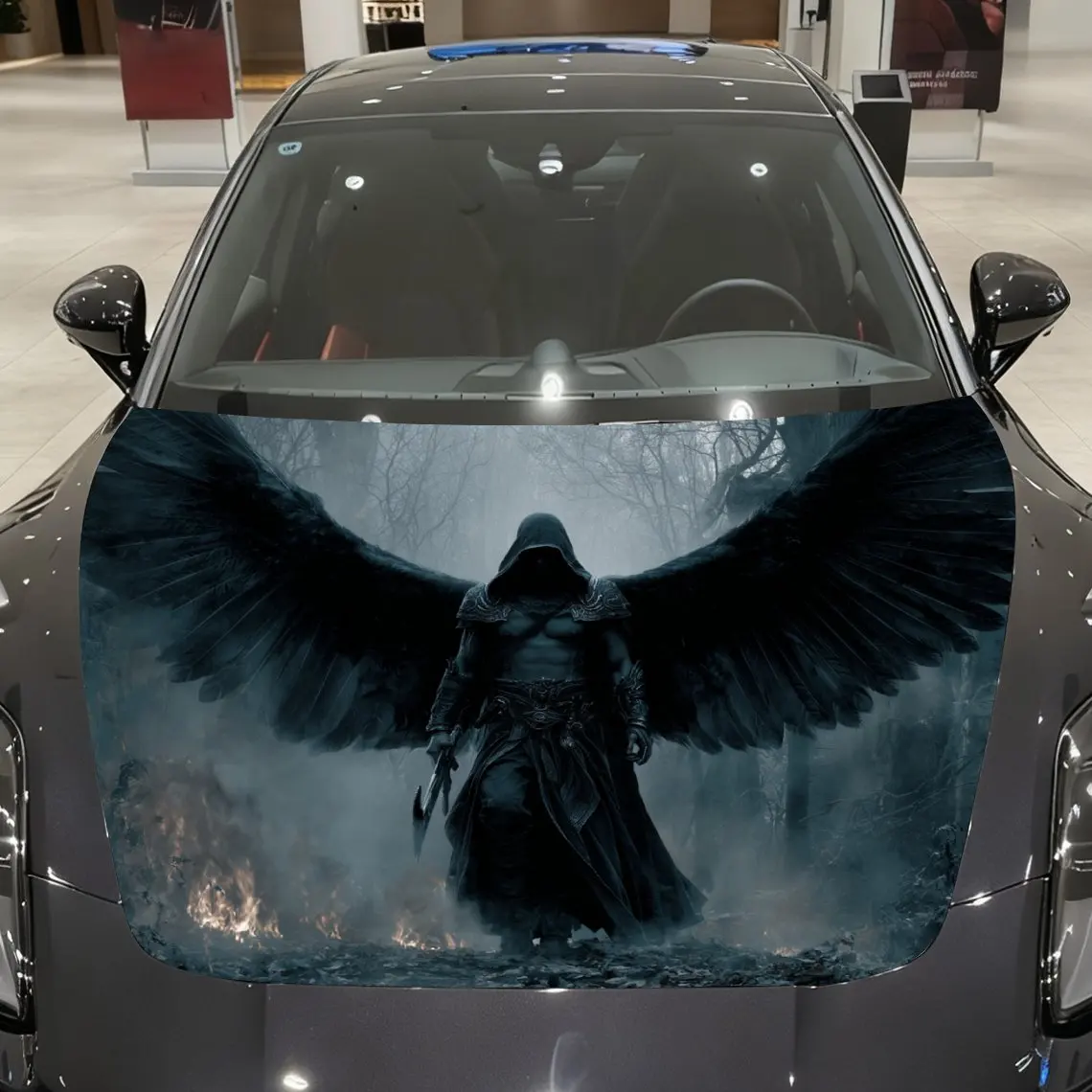 Black - Winged Warrior Shrouded in Mist Car Vinyl Wrap, PVC Material Waterproof Car Hood Sticker, Self-Adhesive Scratch-Resistan