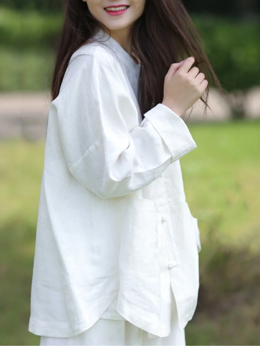 新しい中国風綿麻素材の日本の女性用ジャケット、スタンドカラー、ロング丈、スリーブ、太極拳、レトロなボタン留め、カジュアル、白...