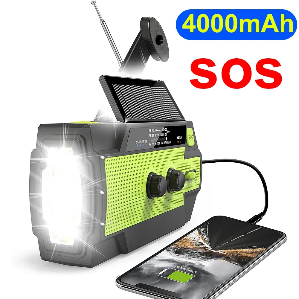 Emergency Flashlight Torch 4000mAh Power Bank Rechargeable SOS Radio Hand Crank Solar USB AM/FM/NOAA Weather Radios Home Outdoor