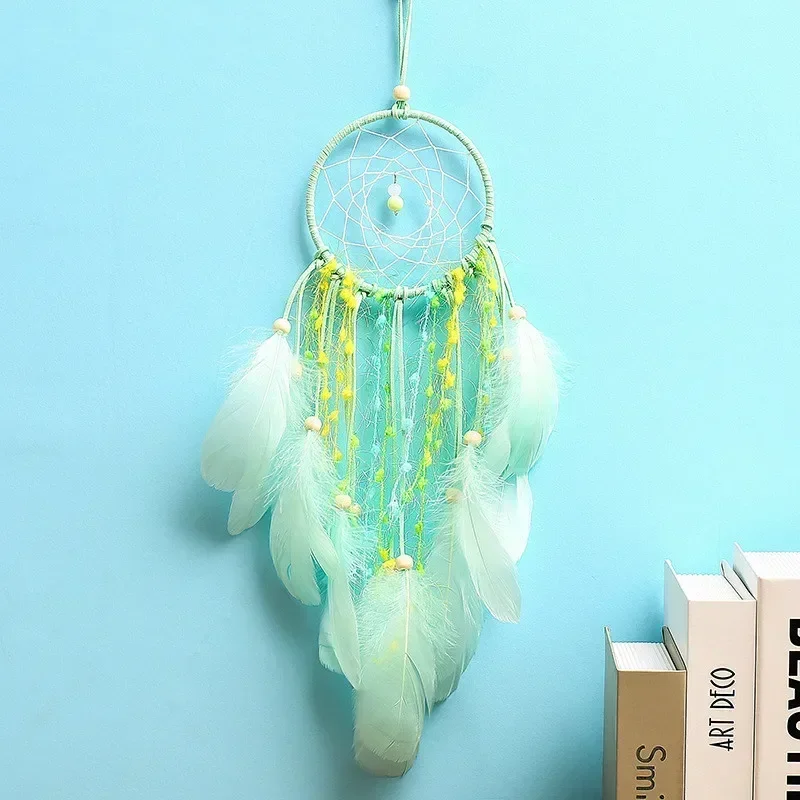 Handmade Dream Catcher with Green Feathers Night Light Car Wall Hanging Decoration Home Decor Lighting  Gift Room Decor