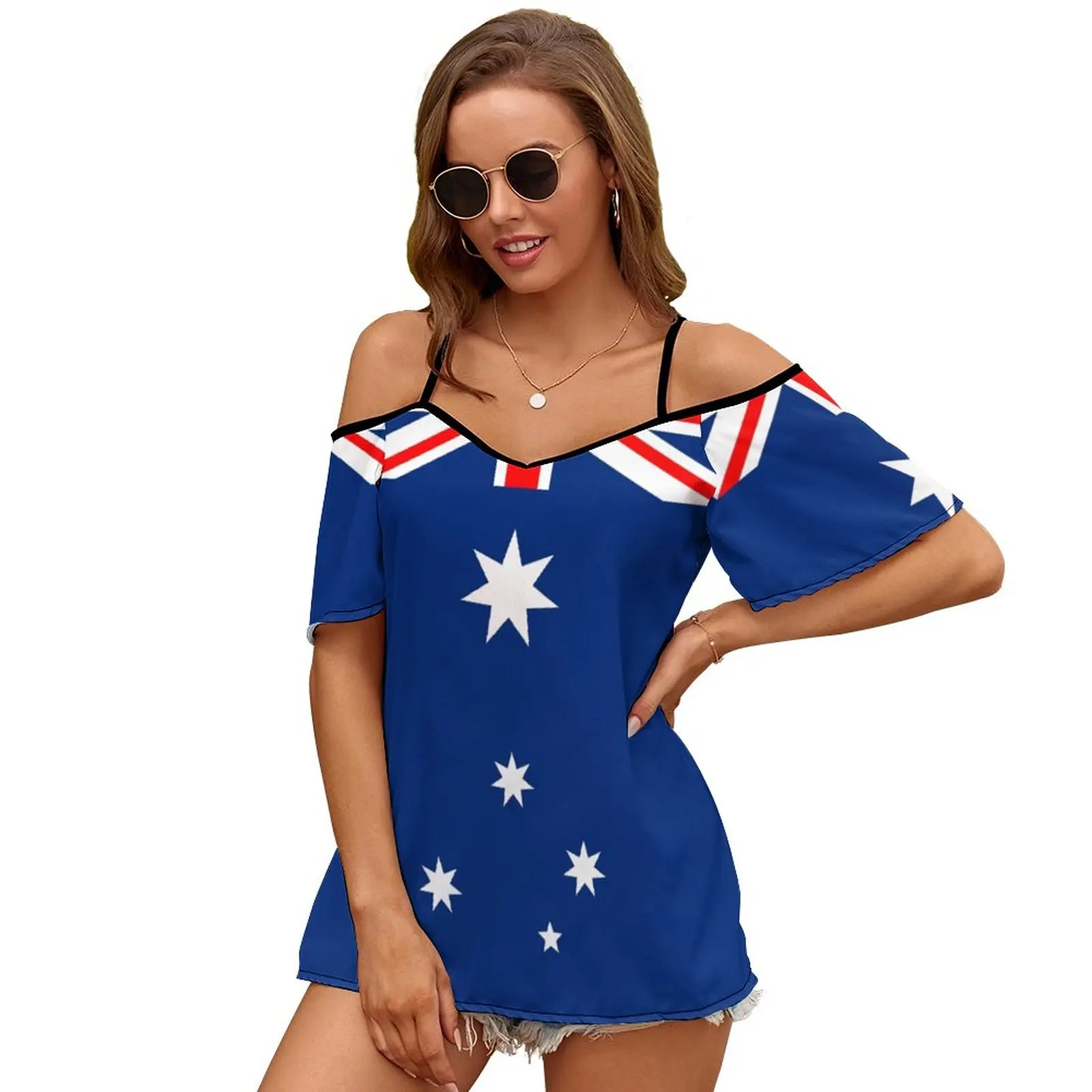 Australian Flag Design Adaptation Women Short Sleeve Tops O-Neck Hollow Out Shoulder Strap Tees Streetwear Australian Australia