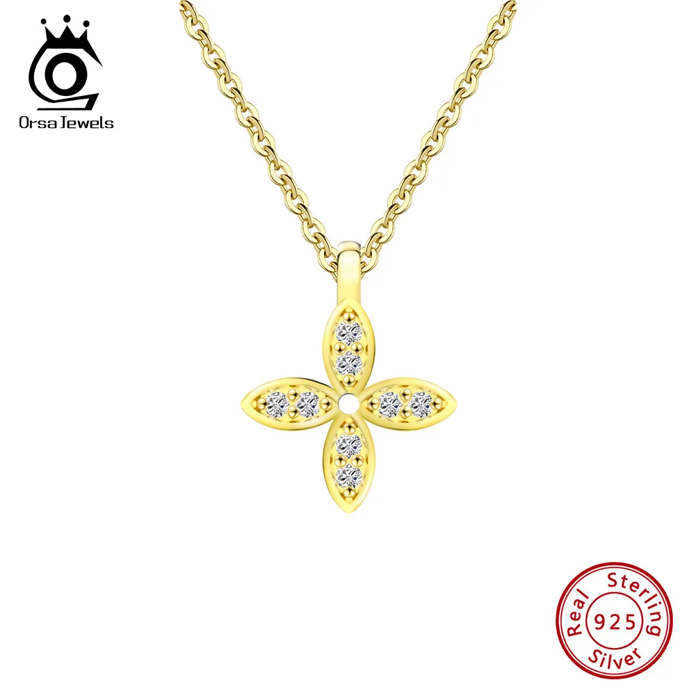 ORSA JEWELS 925 Sterling Silver Four Leaf Clover Pendant Necklace for Women Fashion Clover Full 4A Zircon Necklace Jewelry APN26