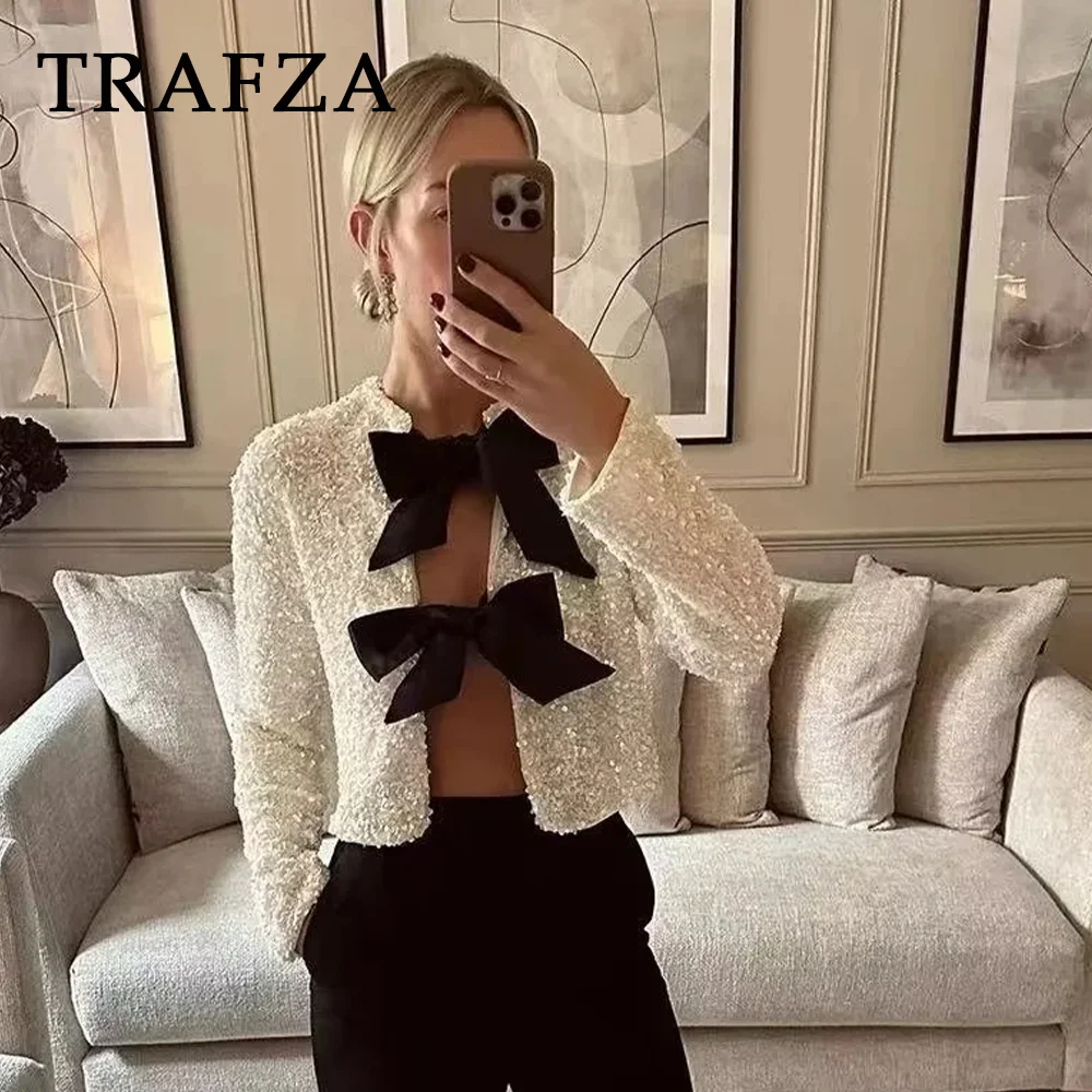 TRAFZA 2024 Autumn Winter Women Butterfly Lace Up Sequins Tops Fashion Casual Streetwear O Neck Open Stitch Sexy Elegant Tops