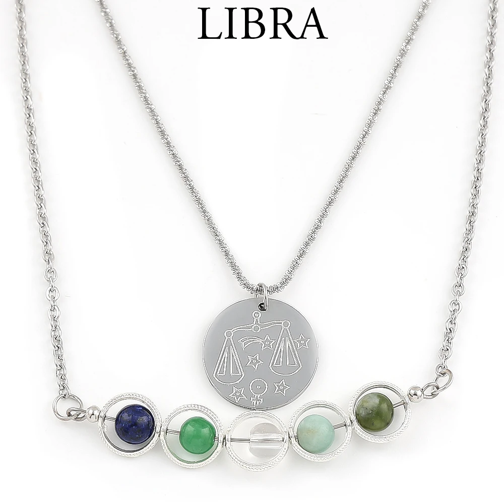 

12 Constellation Natural Healing Crystals Energy Balance Pendant Necklace Stainless Steel Silver Color Chain Birthday Gift