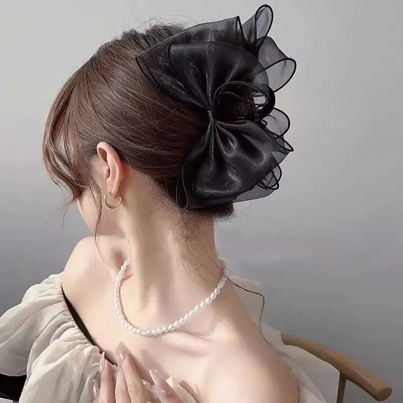 Summer New Solid Color Mesh Tulle Bow Hair clips Elegant Women Ponytail Braid Hair Claw Clip Hair Clip Headwear Hair Accessories