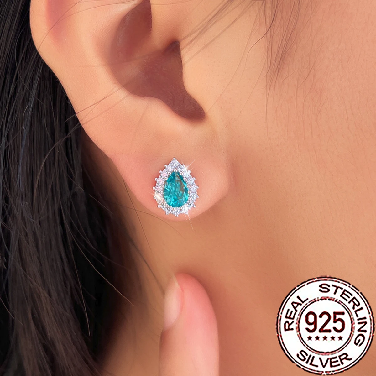 

QooLady 925 Sterling Silver Trendy Light Green Paraiba Gemstone Big Flower Stud Earring for Women CZ Wedding Party Jewelry SE155