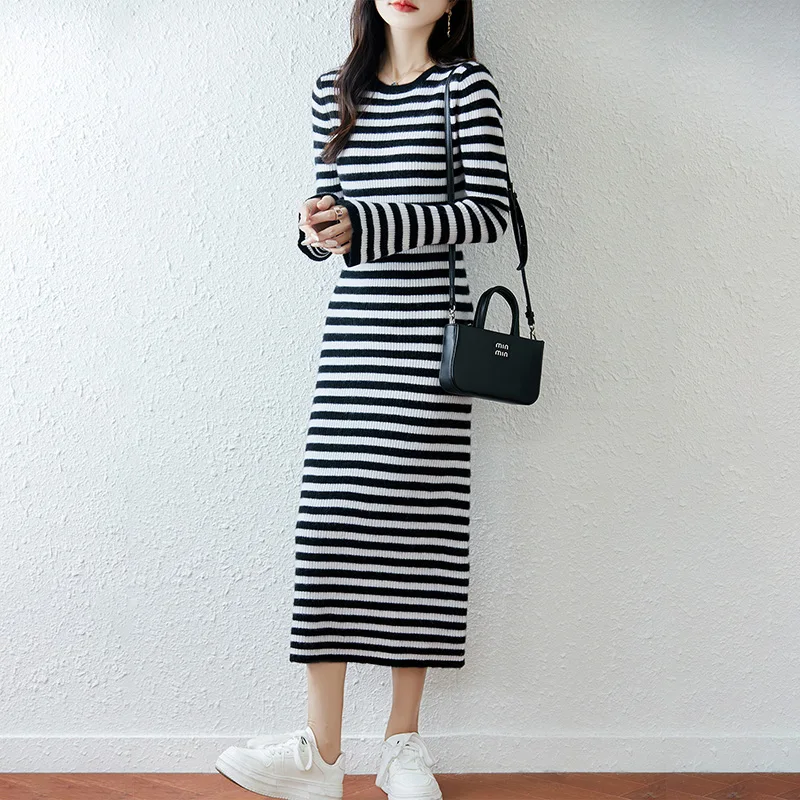 100% Wool Women's Crew Neck Striped Flared Sleeve Maxi Dress, Autumn Winter Slim Fit Knitted Wool Long Dress