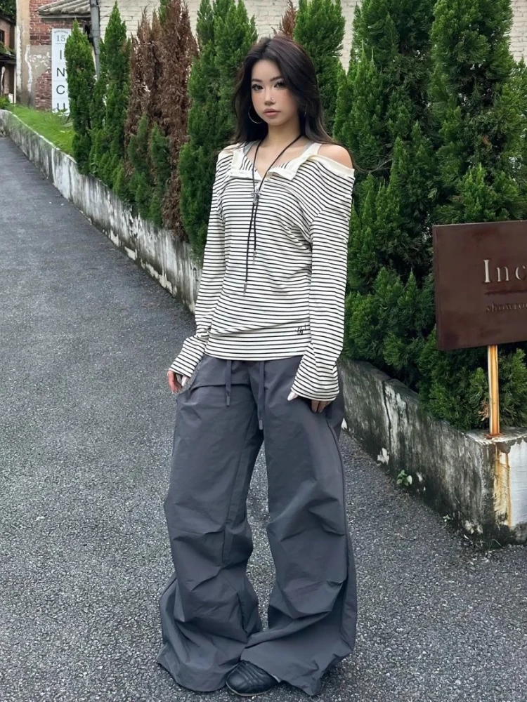 Estilo preppy coreano hoodies listrado manga longa camisolas retro americano casual moda fora do ombro hoodie y2k topo streetwear