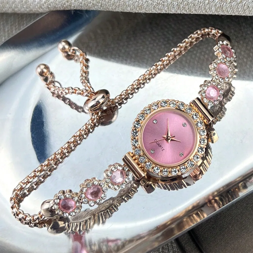 1pc Women's Pink Crystal Beaded Drawstring Bracelet With Crystal Inlaid Alloy Watch Case, Simple Diamond Scale Dial, Elegant & Fashionable Quartz Watch As A Gift For Students Returning To School sj25042966667798385