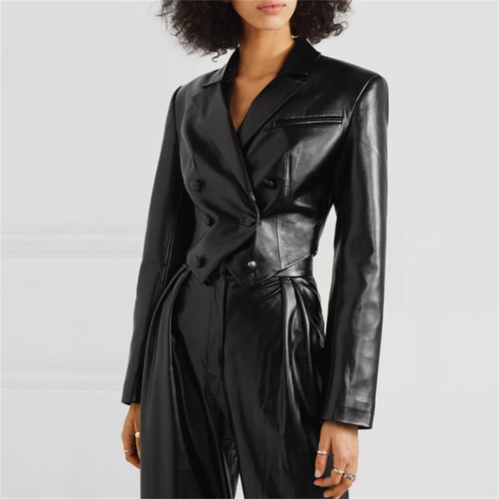 

Double-breasted body suit PU leather short coat women jacket
