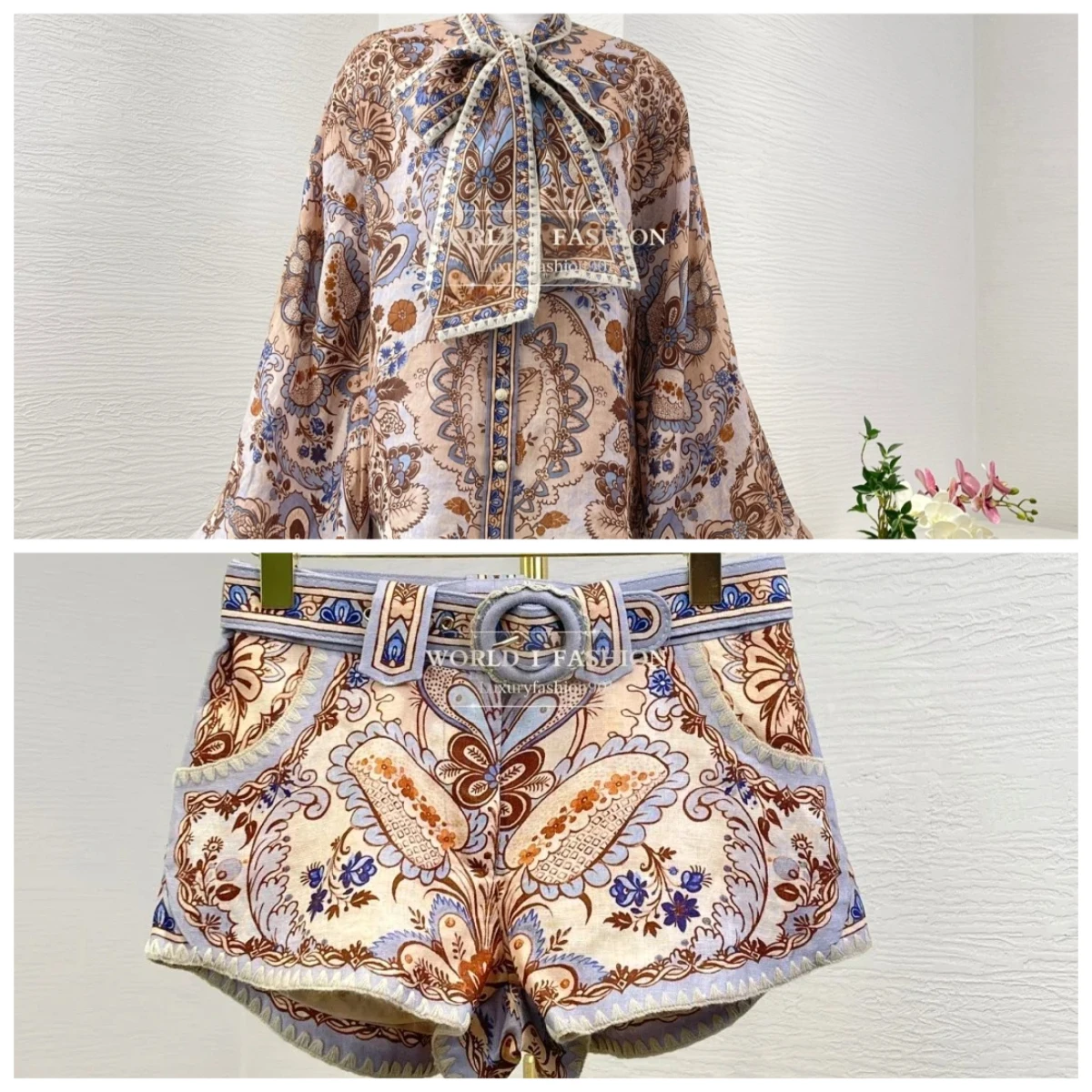 

Ramie Blouse and Belted Linen Shorts Women Set Outfit