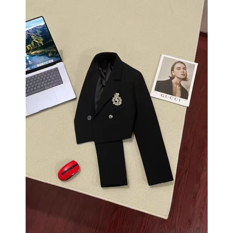 Women's Black Blazer Short Tops College Suit Outerwear Design Spring Autumn New Coat Trendy Street Suit Long-sleeved Tops