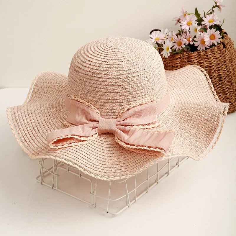 Summer Bow Hat Large Brimmed Straw Hat Outdoor Beach Sun Hat Women\'s Wave Border Sun Hat