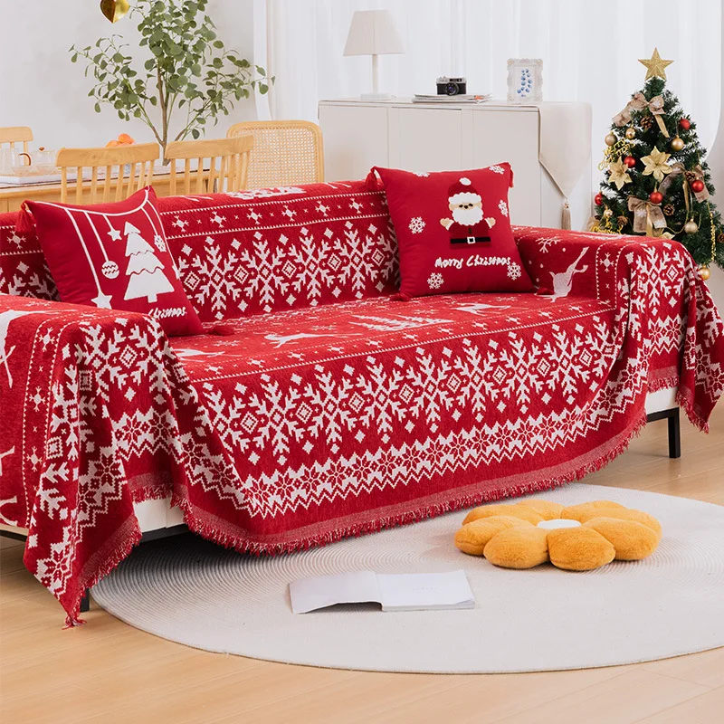 Christmas Chenille Sofa Blanket Santa Deer Printed Sofa Towel Universal Full Cover Dust-proof Anti-scratch L Couch Slipcover