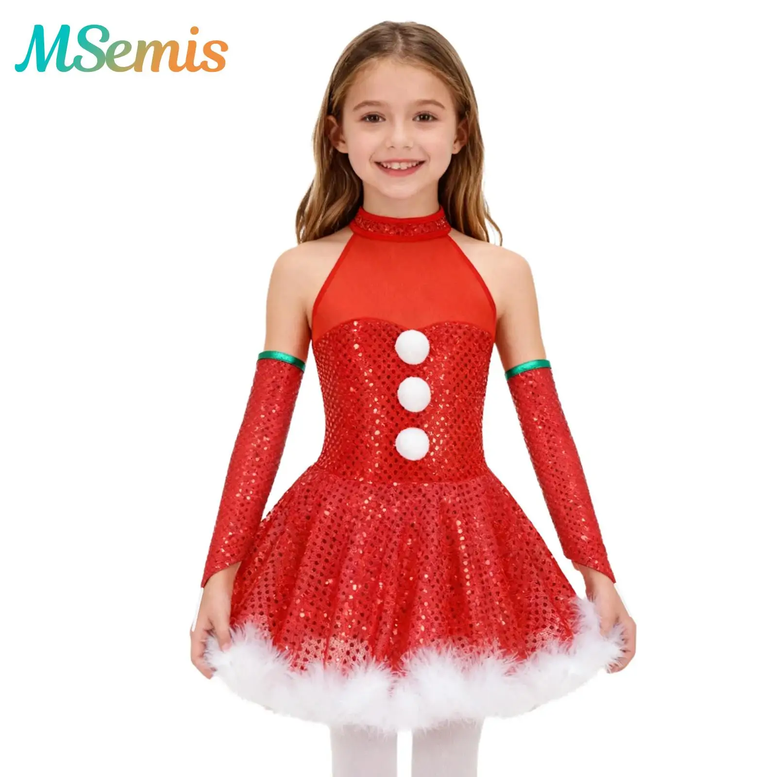 Disfraz de Navidad para niñas, Papá Noel, disfraz de caramelo, lentejuelas brillantes, tutú con lazo, vestido de Ballet con mangas hasta el codo