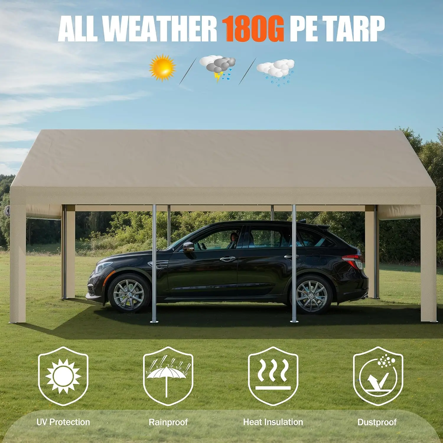 10x20 ft Heavy Duty Carport with Roll-up Windows & Removable Sidewalls & Doors Portable Garage Canopy All-Season, Customized