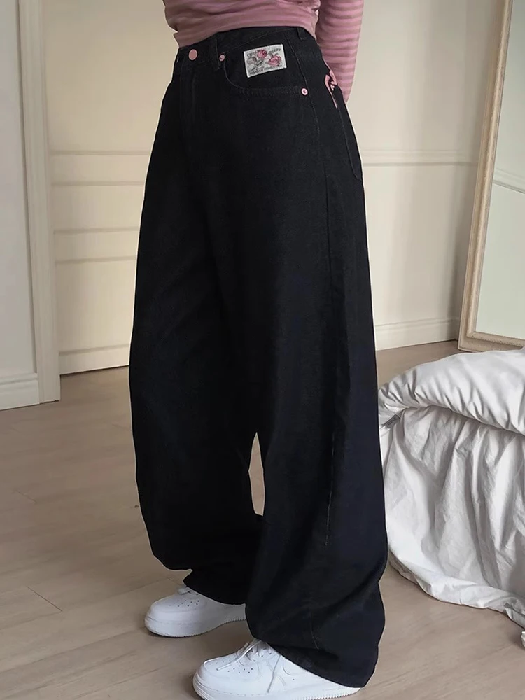 

High Waist Embroidered Letter Print Denim Pants Women's Spring New Cool Sexy Long Trousers Casual Wide Leg Jeans