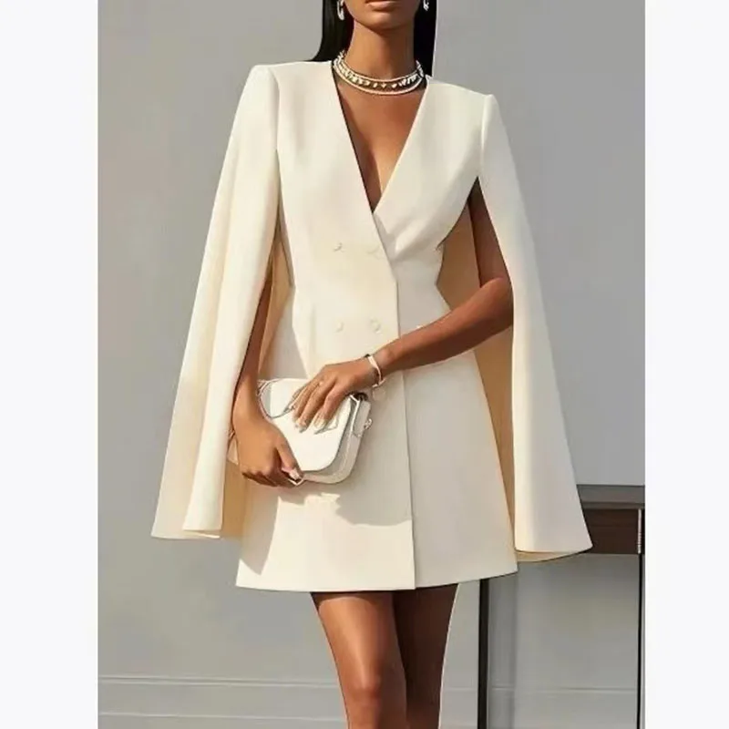 2025 European and American Women's New Autumn Commuting Double-Breasted Shawl Cloak Solid Suit Dress