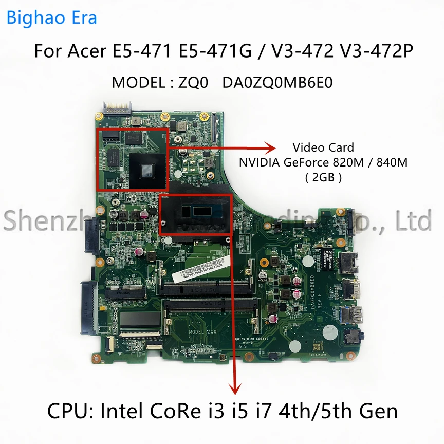 

DA0ZQ0MB6E0 For Acer Aspire E5-471G E5-471 V3-472P Laptop Motherboard With i3 i5-4210U i7-5500U CPU GT820/840M 2GB-GPU 100% Work