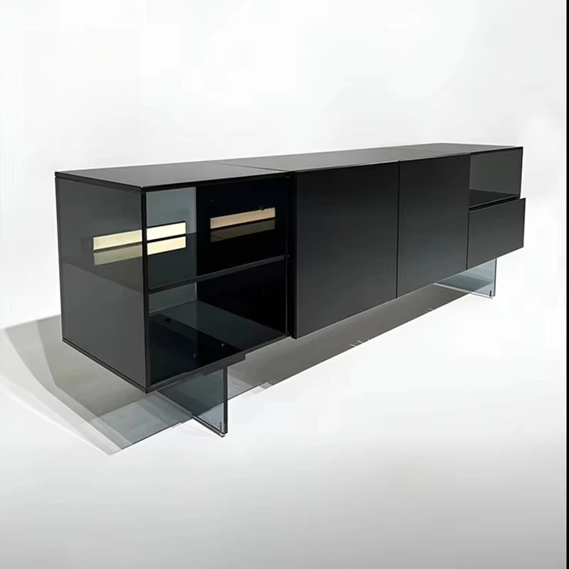 Italian Villa Metal Leg TV Cabinet with Light 4 Door Short Height Cabinet Storage Cabinet High-end Glass Lighting TV Unit