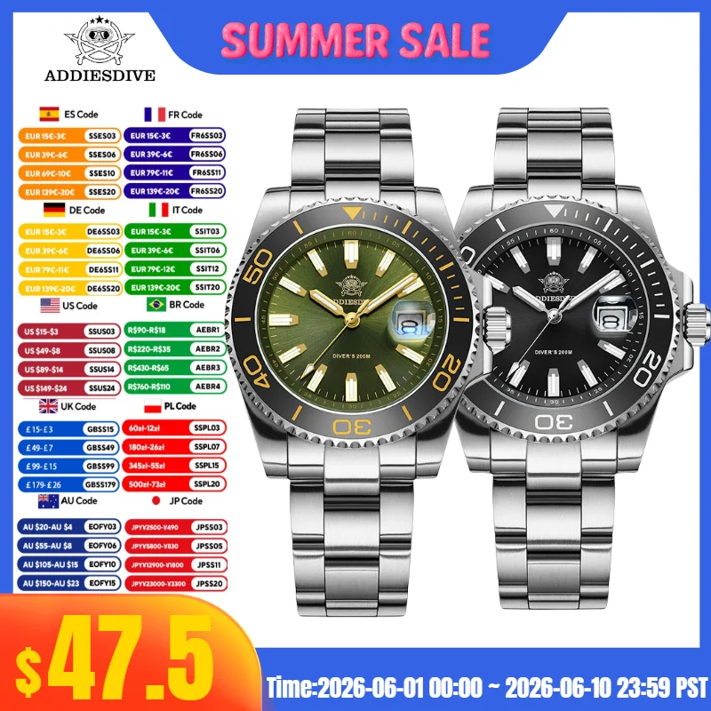 

ADDIESDIVE 41mm Watch For Men 20Bar Waterproof Super Luminous Reloj 316L Steel Luxury Quartz Watch Relogio Masculino AD2510