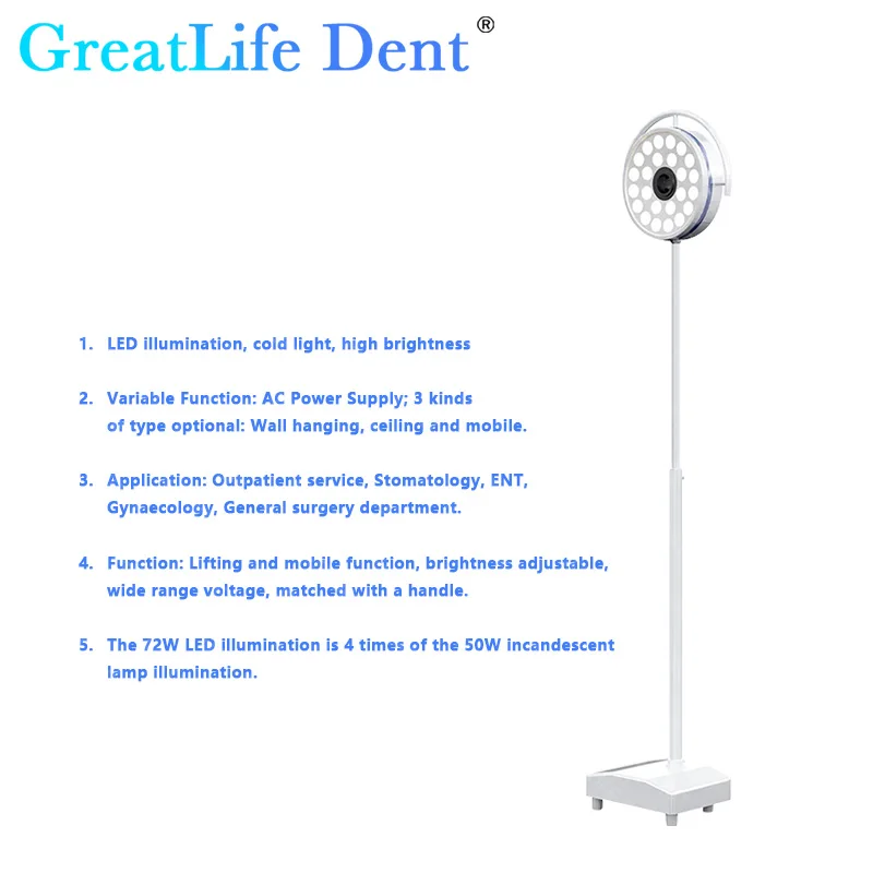 GreenLife-Dental Veterinário Exame Lâmpada Luz, Móvel Floor Stand, Operação Shadowless Fria, Dent 72W, 24 LEDs, 30000Lux