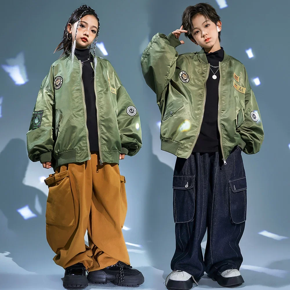 Spring Autumn Kids Boys Girls Streetwear Hip Hop Loose Baseball Jacket Wide Leg Cargo Pants Sets Children Coat Jeans Tracksuits