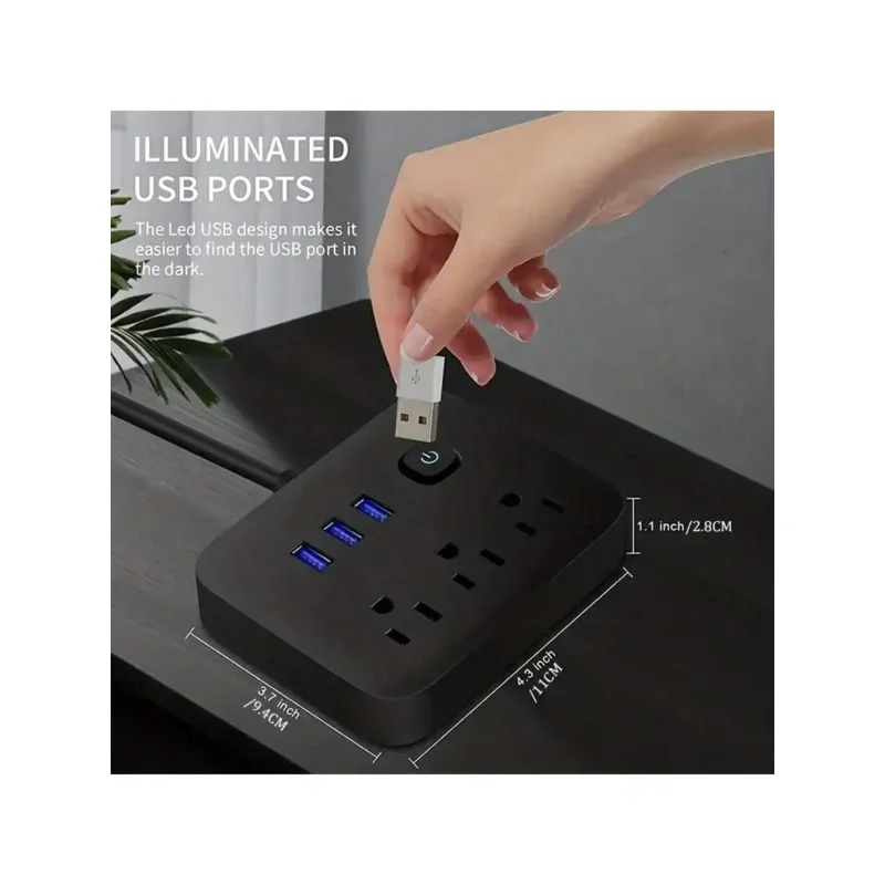 1PC Power Strip Surge Protector with 3 AC Outlets And 3 USB Ports Power Button Flat Plug Desktop Charging Station with Overload