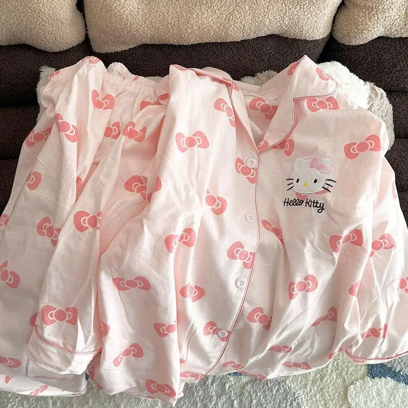 

2 шт. Sanrios Kawaii пижамы «Hello Kitty» для девочек, брючные костюмы с длинными рукавами, милая домашняя одежда, стильный принт, свободный подарок на день рождения