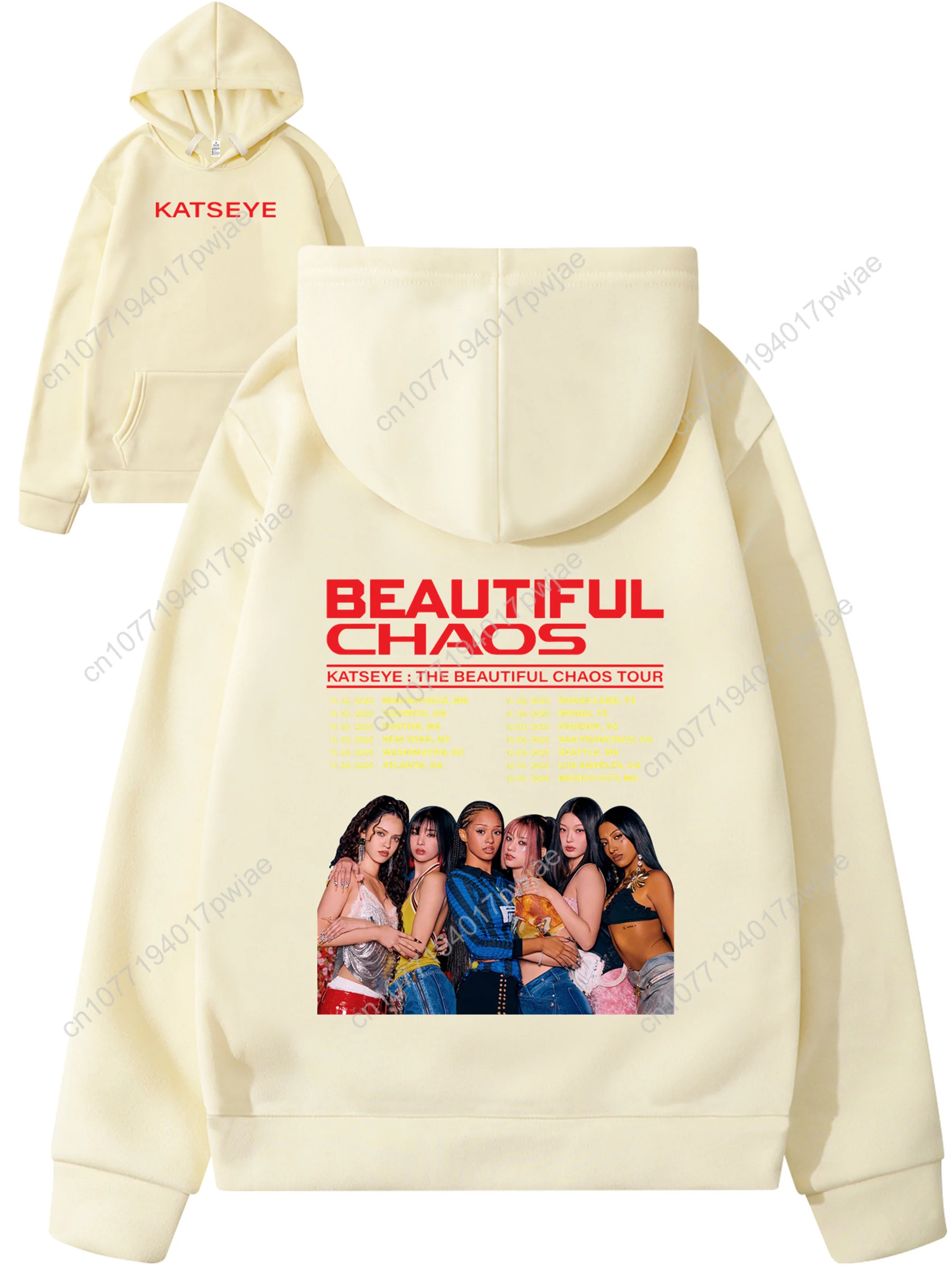 KATSEYE: THE BEAUTIFUL CHAOS TOUR Sudadera con capucha para hombre - Mercancía de conciertos con fechas de la gira y títulos de canciones (2019-2024), logotipo exclusivo y