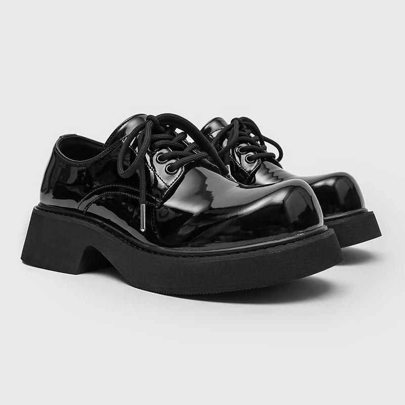 

Light Luxury Men's Shoes, Black, Stylish and Cool, Glossy, Trendy Low-Top, Thick-Soled, Height-Increasing, Large Toe Derby Shoes