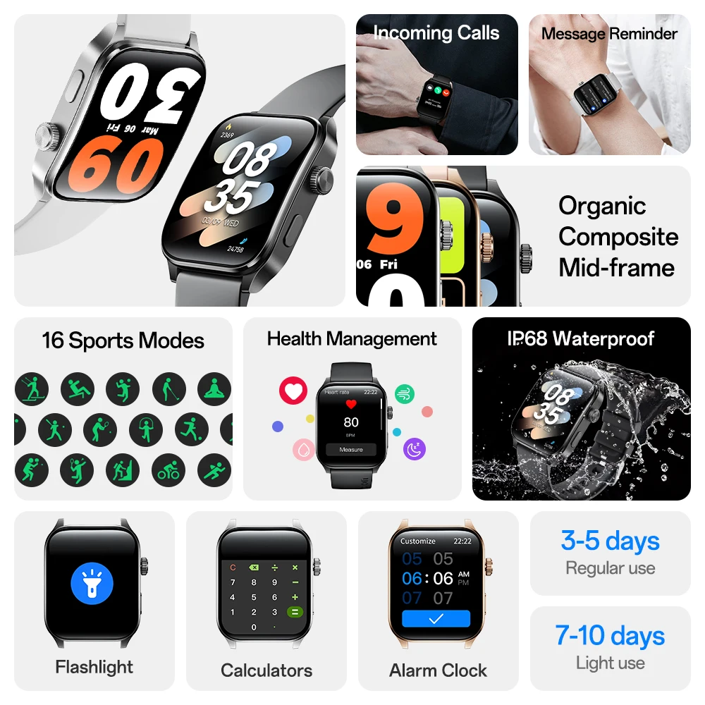 Curve3 1.93'' HD Full Screen Couple Smart Watch IP68 Waterproof Sports Watch Heart Rate Monitor Home Health Monitoring Device