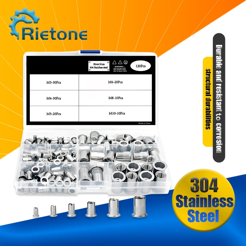 120 pçs conjunto misto 304 porca rebite de aço inoxidável m3 m4 m5 m6 m8 m10 porca de aço carbono cabeça plana rosqueada inserção porca kit