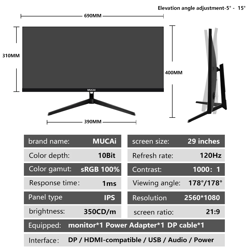 MUCAI 29 Zoll Monitor Quasi-2K 120Hz WFHD Breite Display 21:9 IPS Desktop LED Nicht Gebogen Gamer Computer Bildschirm DP/2560*1080