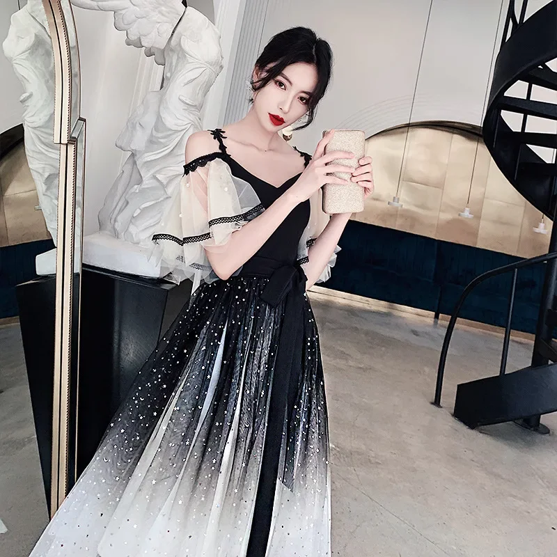 Evening Dresses Boat Neck R262 Elegant Black Gradient Robe De Soiree Spaghetti Strap Sequin Tulle Plus size Women Party Gowns