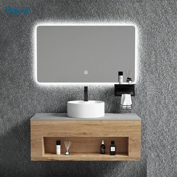 Lavabo de encimera moderno de acero inoxidable, tocador de baño con espejo, gran oferta